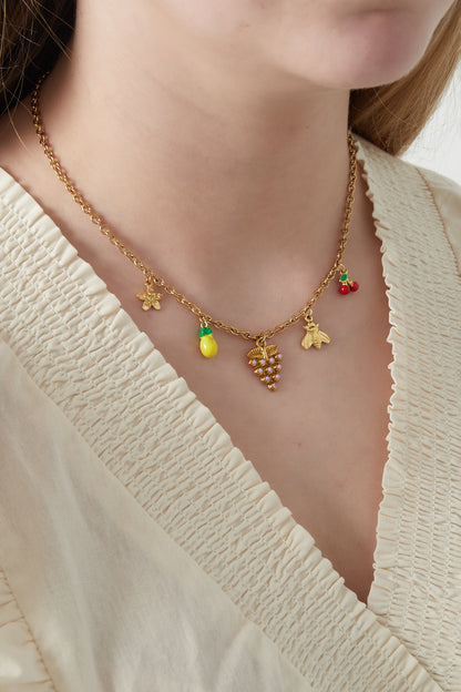 Damen Halskette Früchte Charms Emaille | Edelstahl vergoldet | Goldfarbe