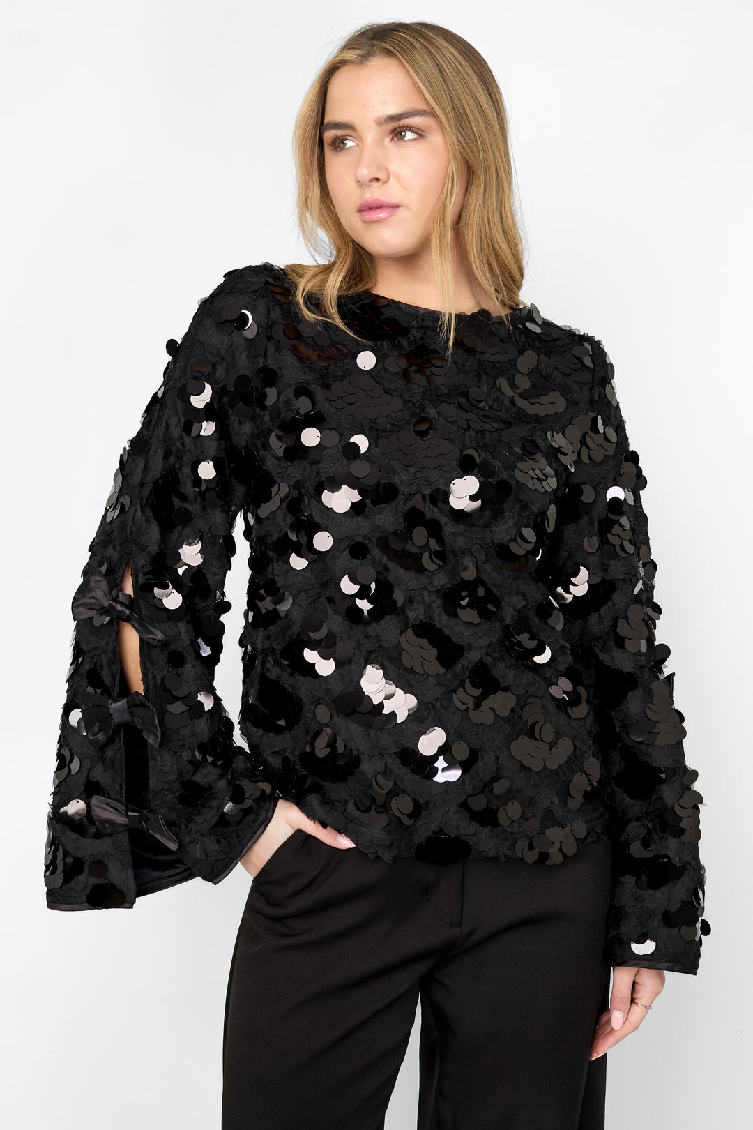 damen langarmshirt pailletten elegant | polyester | schwarz
