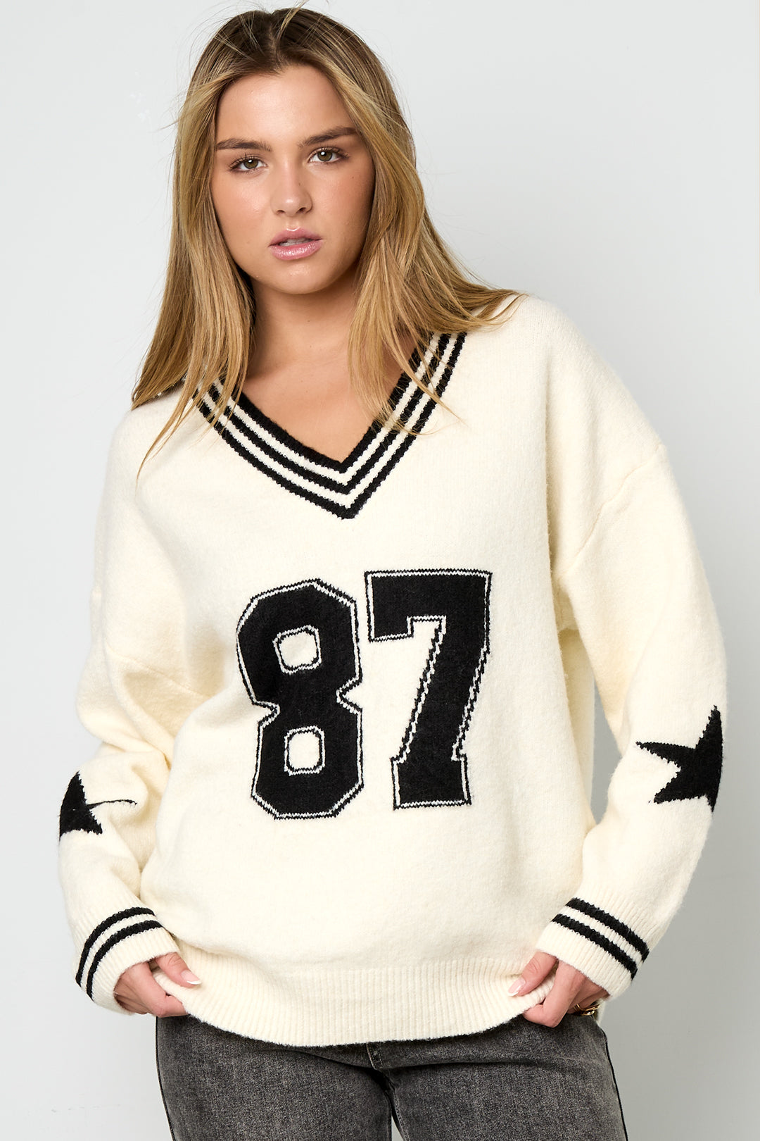 damen pullover v-ausschnitt farbmuster | polyester | mehrfarbig