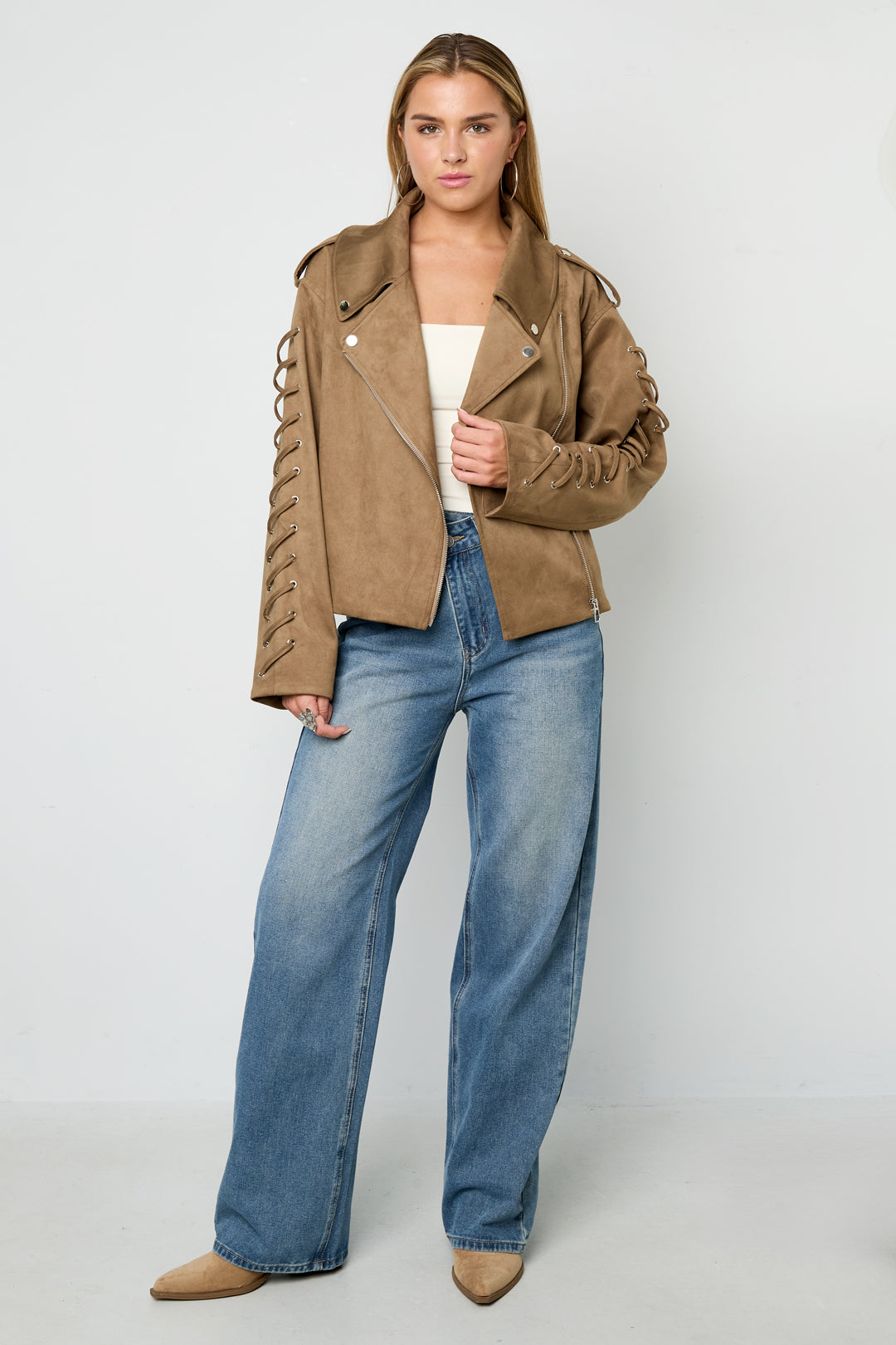 damen jacke bindeband | polyester | kamel & dunkelbraun