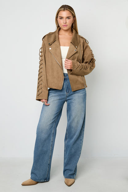 Damen Jacke Bindeband | Polyester | Kamel & Dunkelbraun