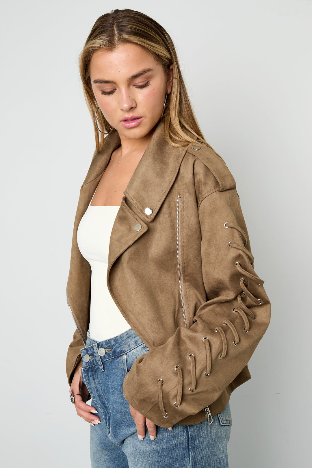 damen jacke bindeband | polyester | kamel & dunkelbraun