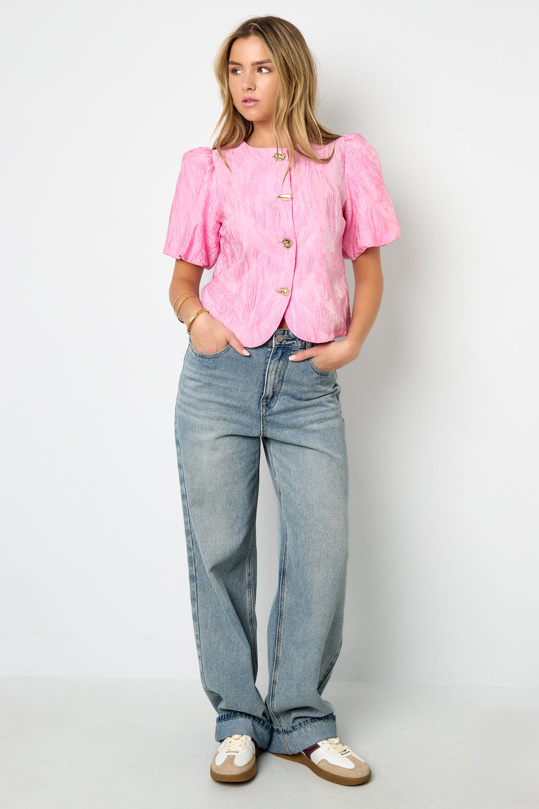 damen top kurzarm unifarben | polyester | rosa