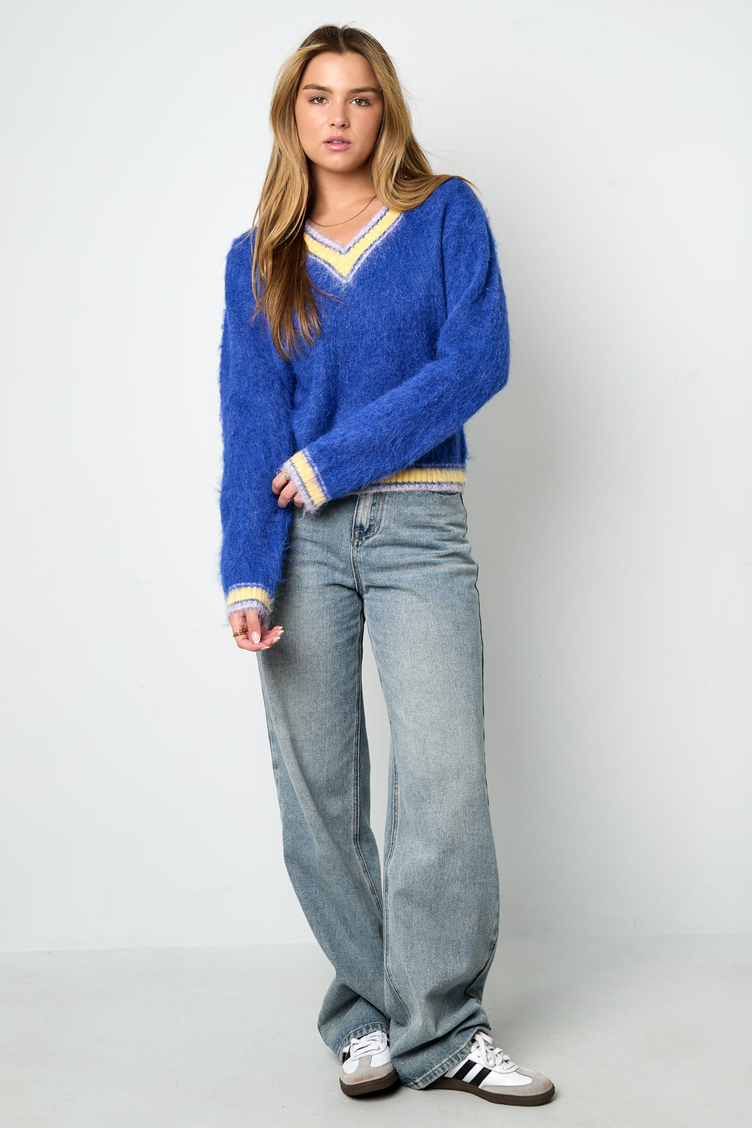 Damen Pullover V-Ausschnitt Farbkontrast | Polyester | Mehrfarbig