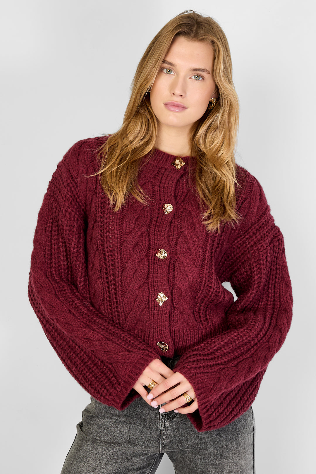 damen strickjacke zopfmuster | polyester | mehrfarbig