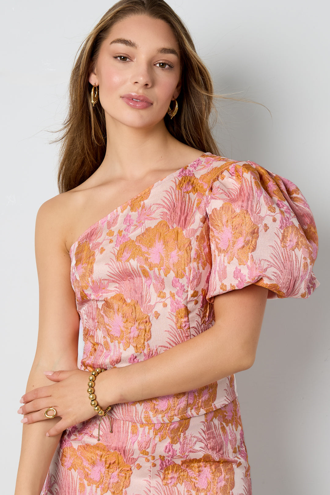 damen top ein-schulter blumenmuster | polyester | orange
