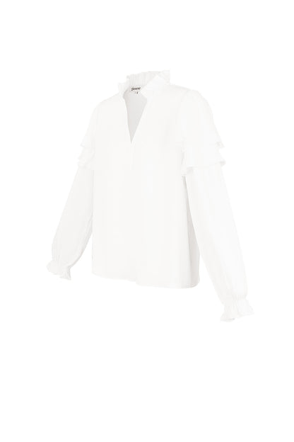 Damen Langarmshirt Volant V-Ausschnitt | Polyester | Mehrfarbig