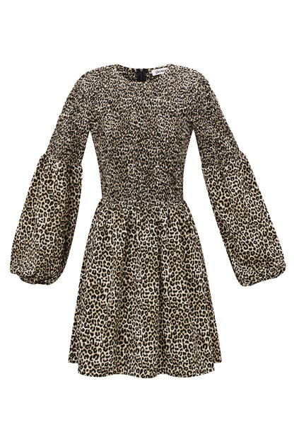 Damen Minikleid Leopardenmuster Puffärmel | Polyester | Braun
