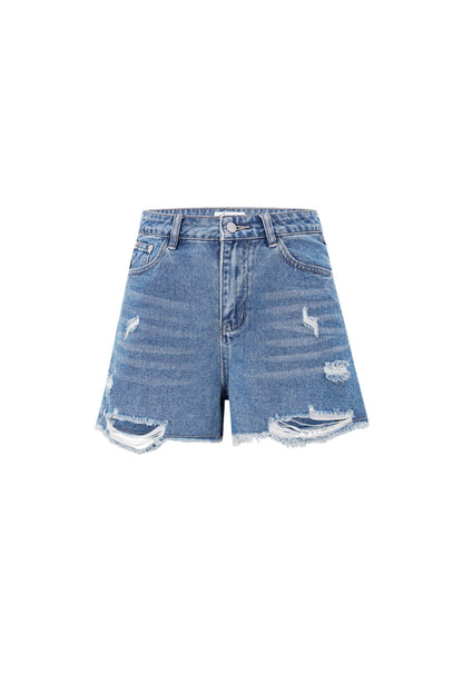 Damen Denim Shorts Hoher Bund Fransensaum | Denim | Blau
