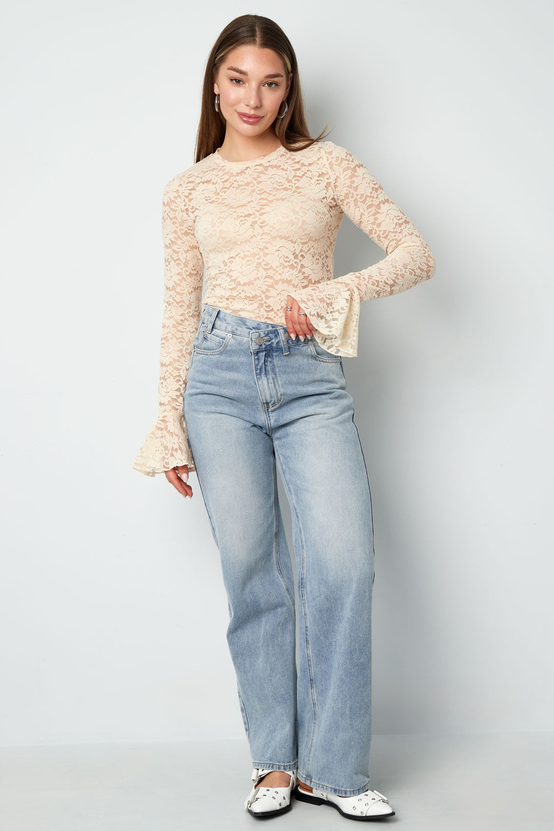 damen langarmshirt spitzenpaneel | polyester | mehrfarbig