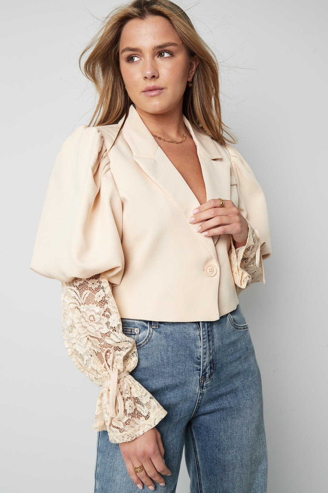 Damen Blazer Puffärmel & Spitze | Baumwolle | Hellrosa