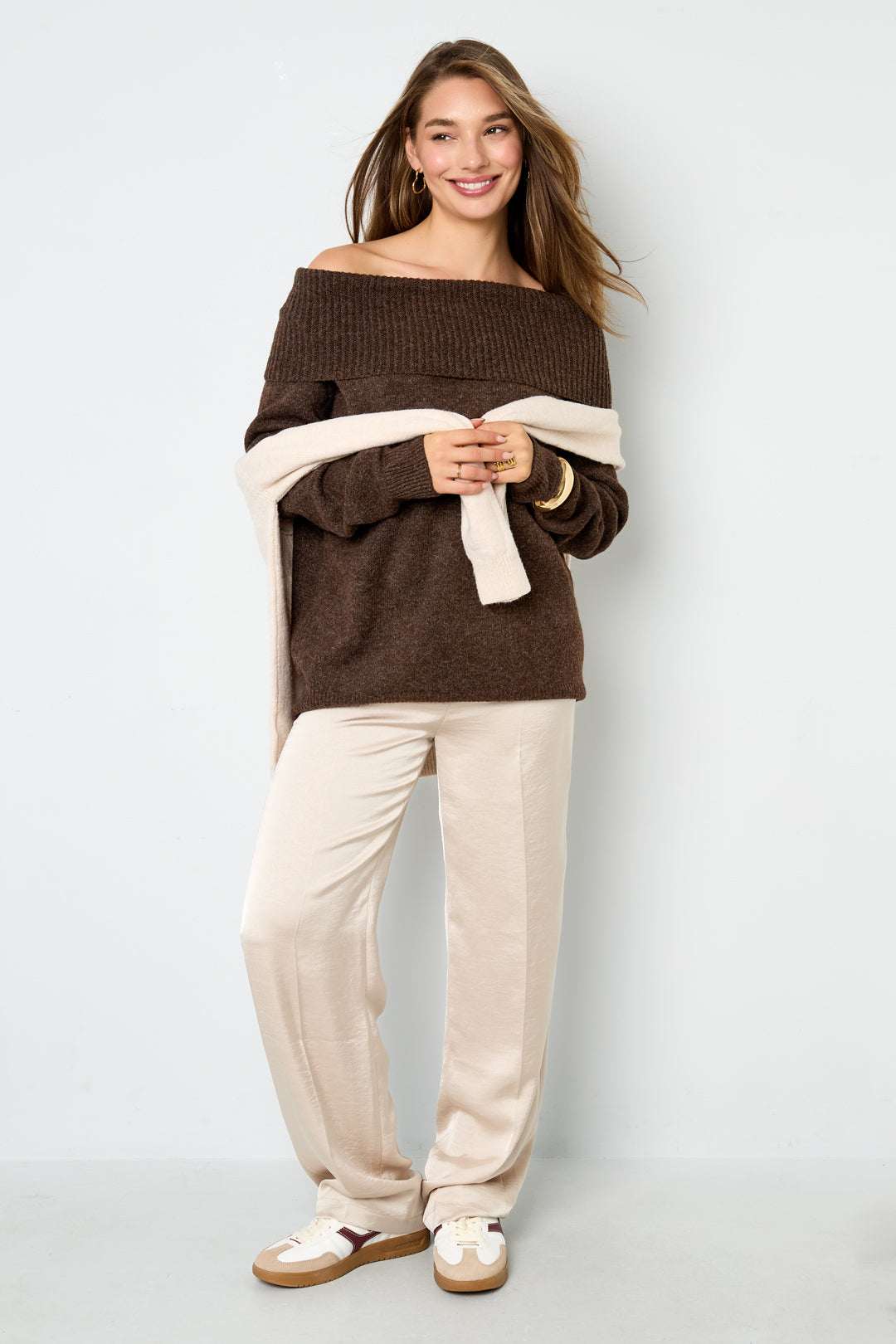 damen pullover off-shoulder einfarbig | polyester | mehrfarbig