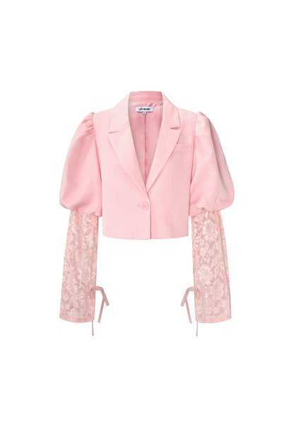 Damen Blazer Puffärmel & Spitze | Baumwolle | Hellrosa