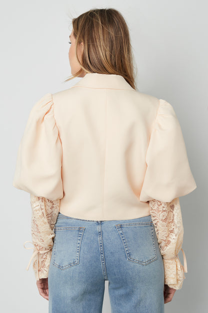 Damen Blazer Puffärmel & Spitze | Baumwolle | Hellrosa
