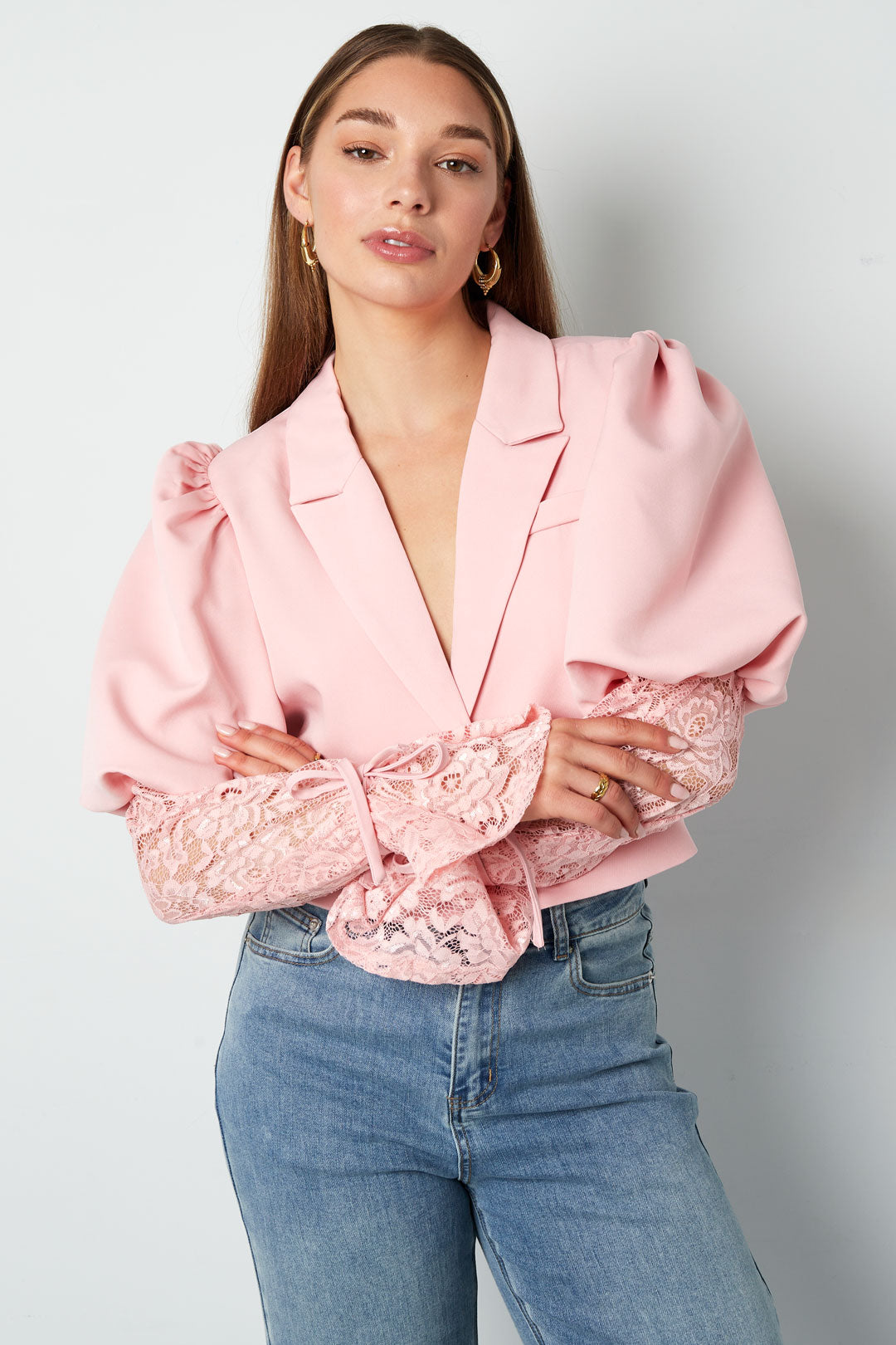 damen blazer puffärmel & spitze | baumwolle | hellrosa