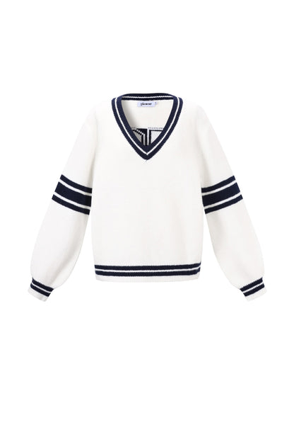 Damen Pullover V-Ausschnitt Kontraststreifen | Polyester | Mehrfarbig