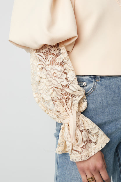 Damen Blazer Puffärmel & Spitze | Baumwolle | Hellrosa