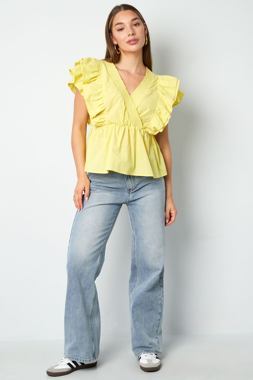 damen bluse ärmellos rüschen | polyester | mehrfarbig