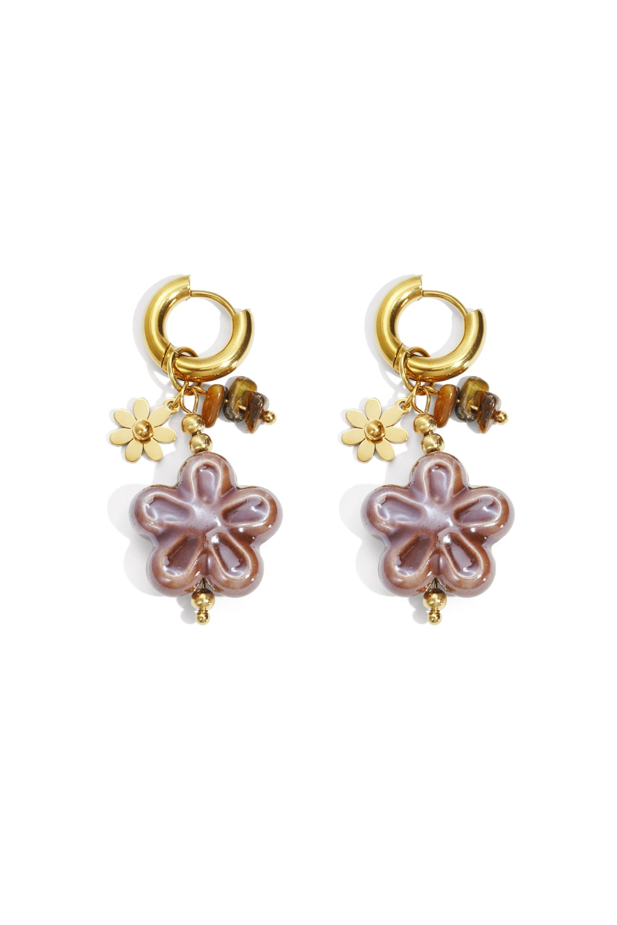 damen tropfenohrringe blume | edelstahl | braun & rot