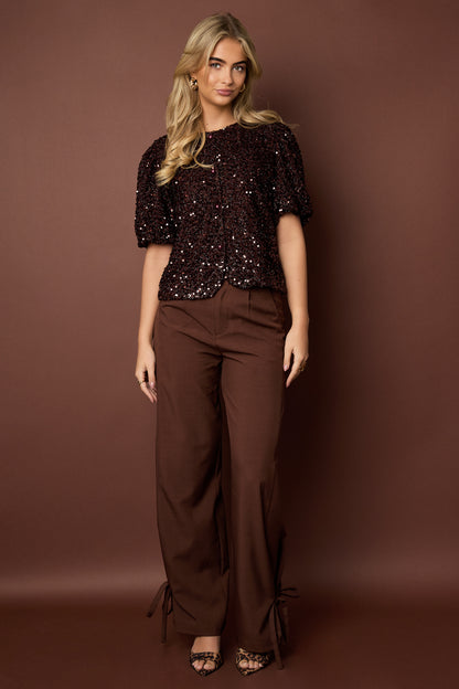 Damen Top Pailletten Kurzarm Elegance | Polyester | Mehrfarbig