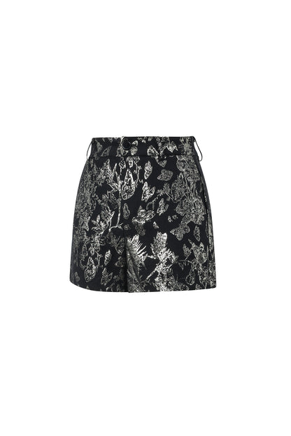 Damen Shorts Set Blumendruck | Polyester | Schwarz