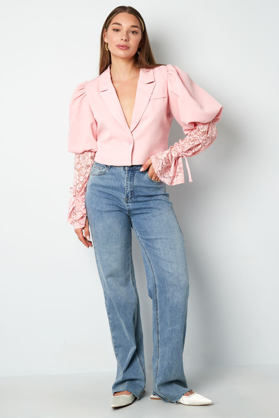 damen blazer puffärmel & spitze | baumwolle | hellrosa