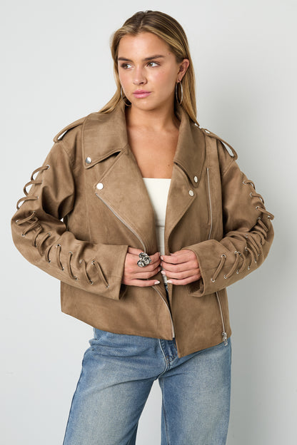 Damen Jacke Bindeband | Polyester | Kamel & Dunkelbraun