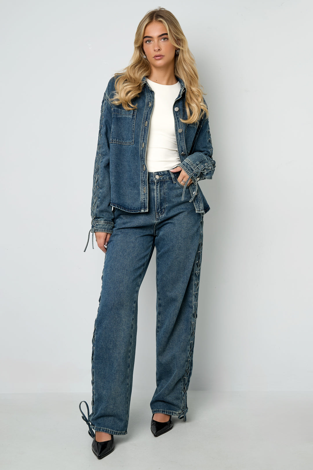 Damen Jeansjacke Schnürung | Baumwolle | Blau