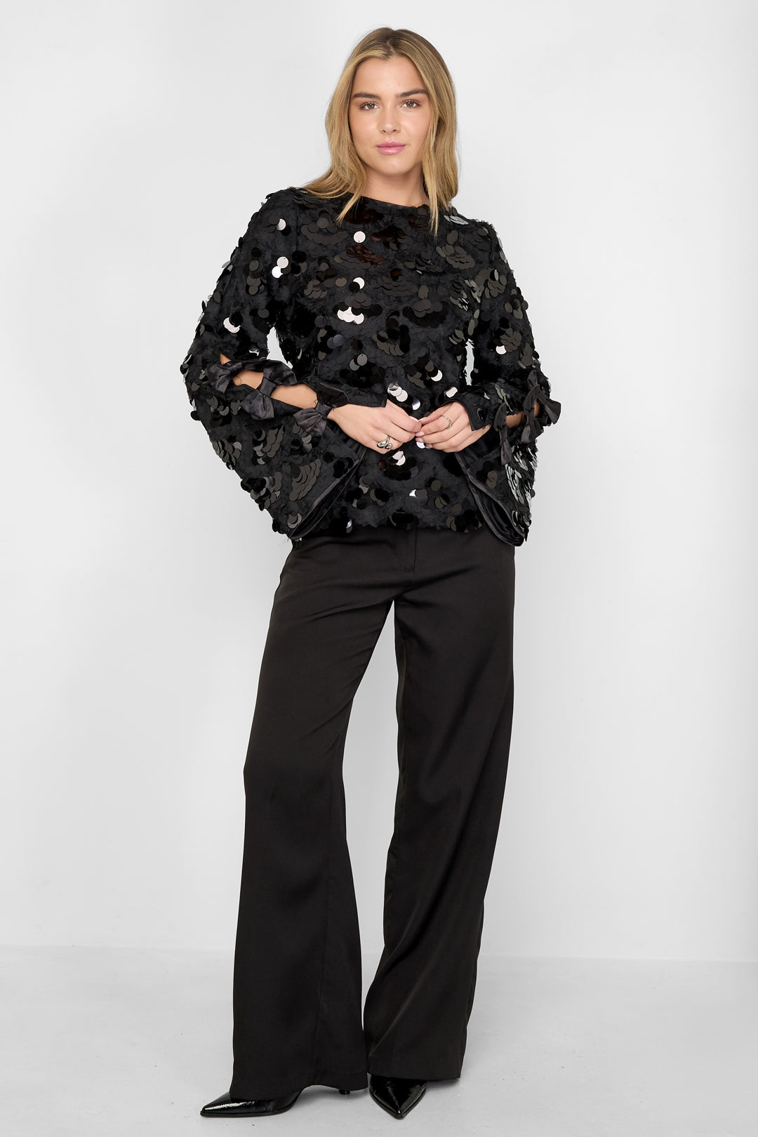 damen langarmshirt pailletten elegant | polyester | schwarz