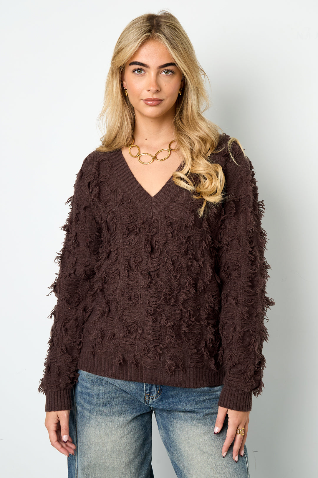 Damen Pullover V-Ausschnitt Fransen | Wolle | Mehrfarbig