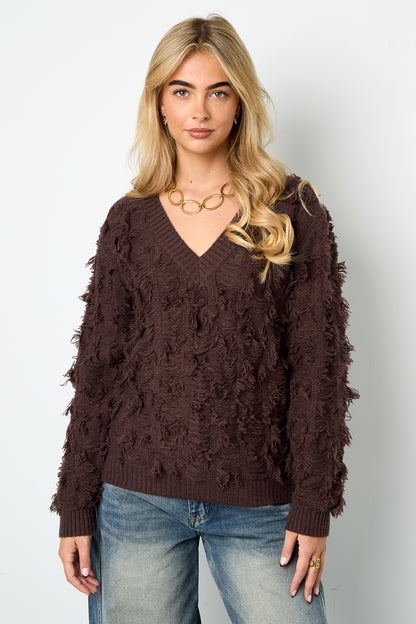 Damen Pullover V-Ausschnitt Fransen | Wolle | Mehrfarbig