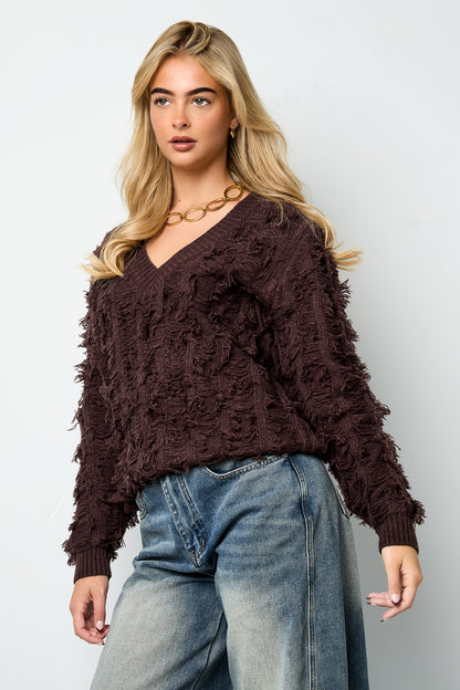 Damen Pullover V-Ausschnitt Fransen | Wolle | Mehrfarbig