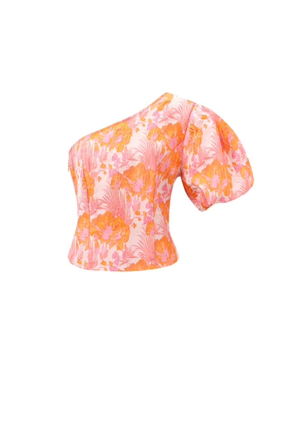 Damen Top Ein-Schulter Blumenmuster | Polyester | Orange