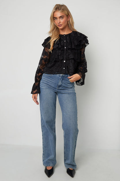 Gewebte Polyesterfaser Damen-Bluse Elegantes Blumenmuster Spitzenpaneel
