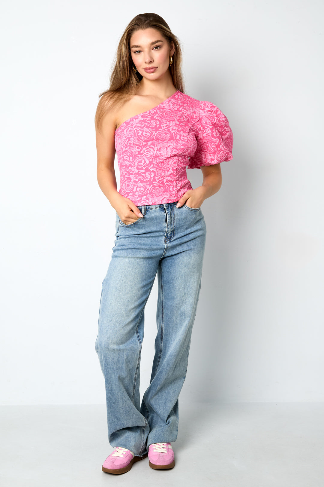 Damen Top Ein-Schulter Blumendruck | Polyester | Mehrfarbig