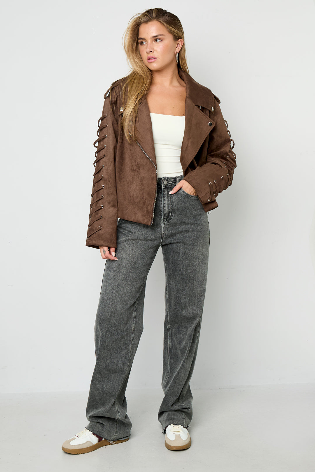 Damen Jacke Bindeband | Polyester | Kamel & Dunkelbraun
