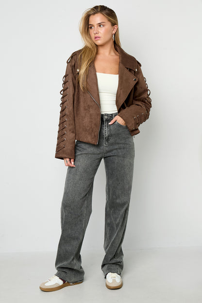 Damen Jacke Bindeband | Polyester | Kamel & Dunkelbraun