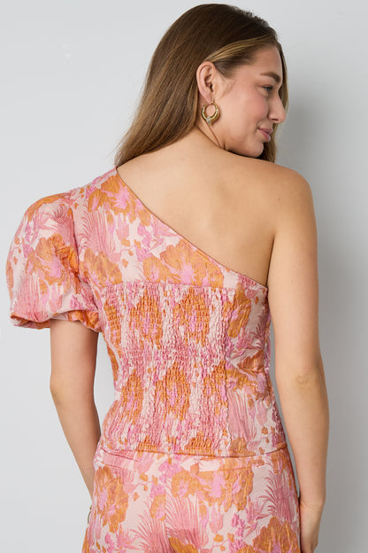 Damen Top Ein-Schulter Blumenmuster | Polyester | Orange