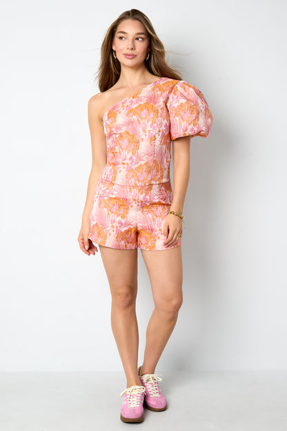 Damen Top Ein-Schulter Blumenmuster | Polyester | Orange