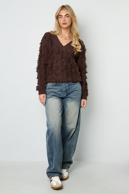 Damen Pullover V-Ausschnitt Fransen | Wolle | Mehrfarbig