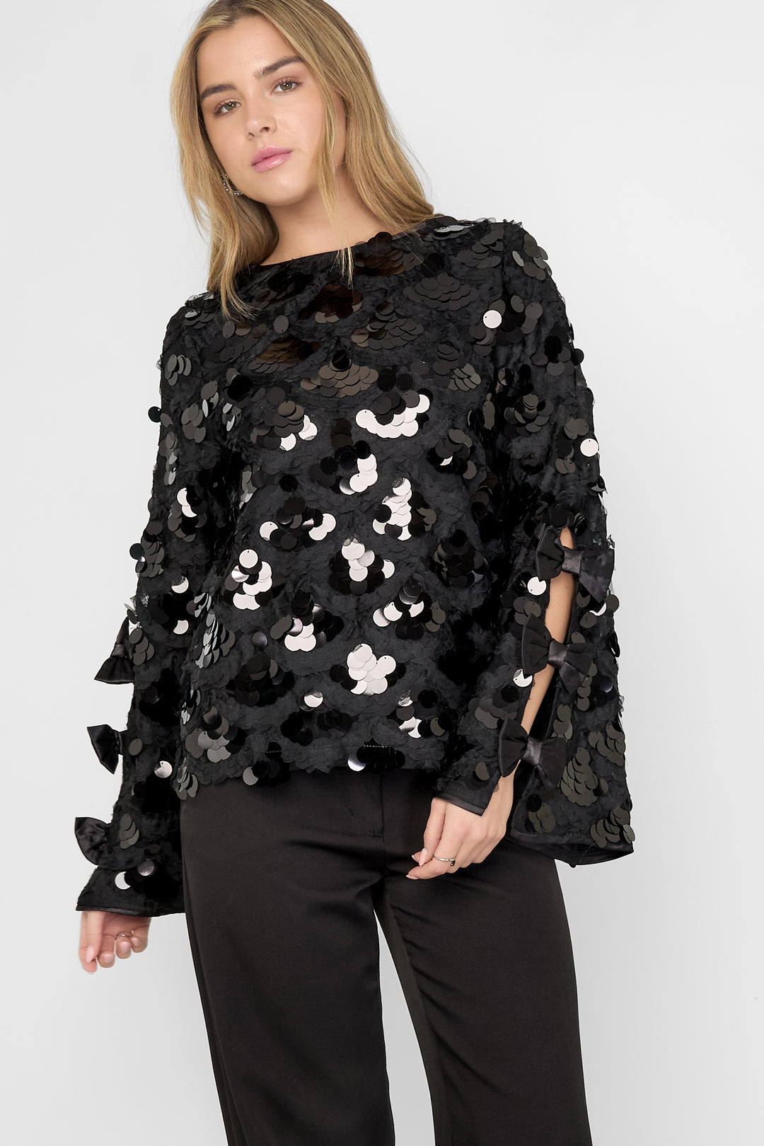 Damen Langarmshirt Pailletten Elegant | Polyester | Schwarz