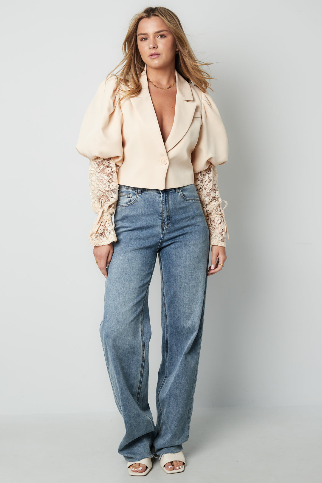 damen blazer puffärmel & spitze | baumwolle | hellrosa