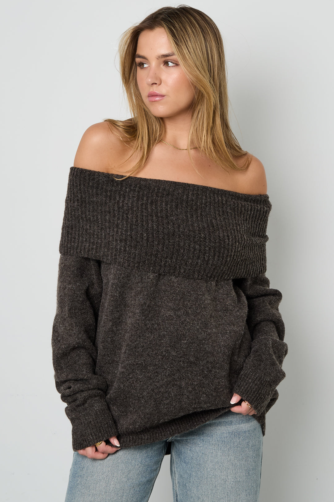 damen pullover off-shoulder einfarbig | polyester | mehrfarbig