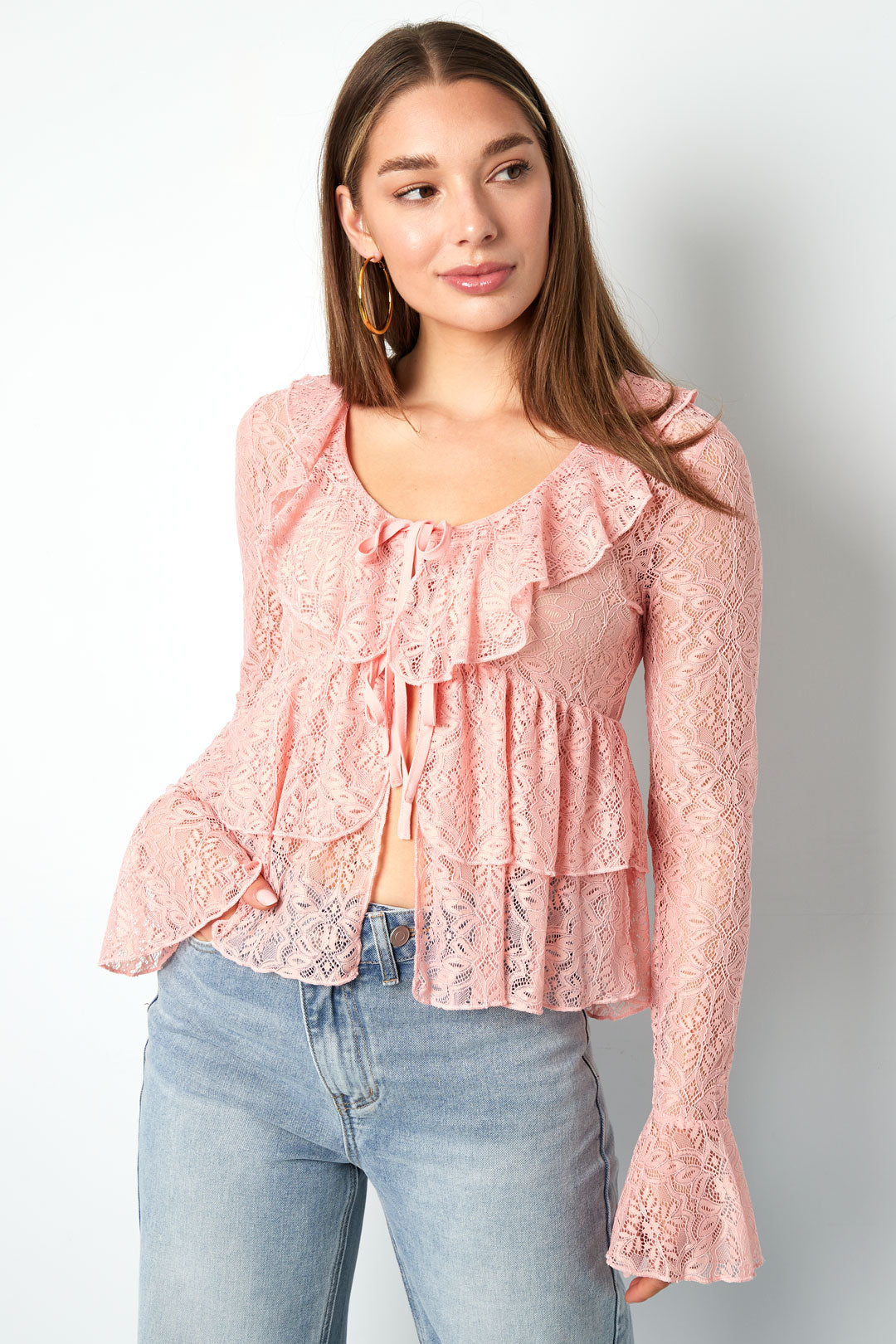 damen top spitze volant langarm | spitze | mehrfarbig