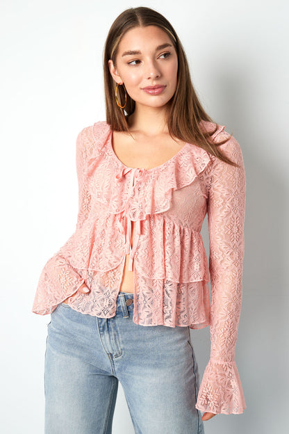 Damen Top Spitze Volant Langarm | Spitze | Mehrfarbig