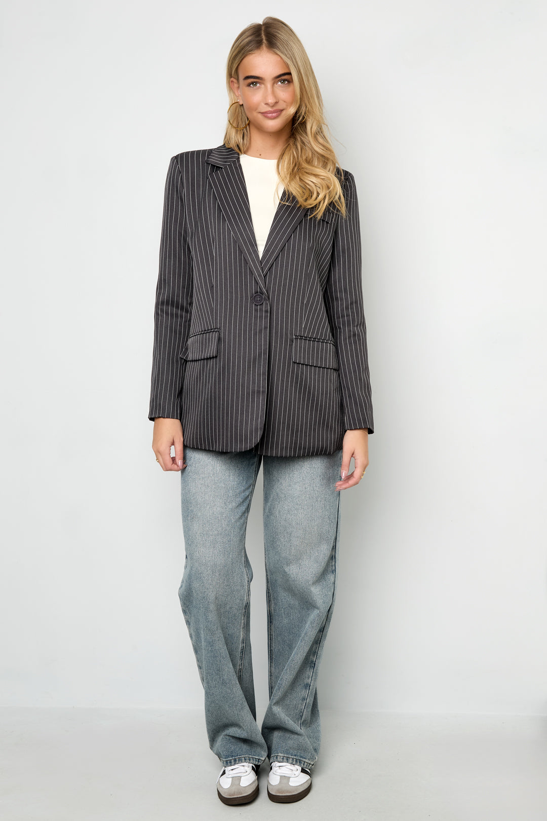 Damen Blazer Asymmetrisch | Streifen | Dunkelgrau & Braun