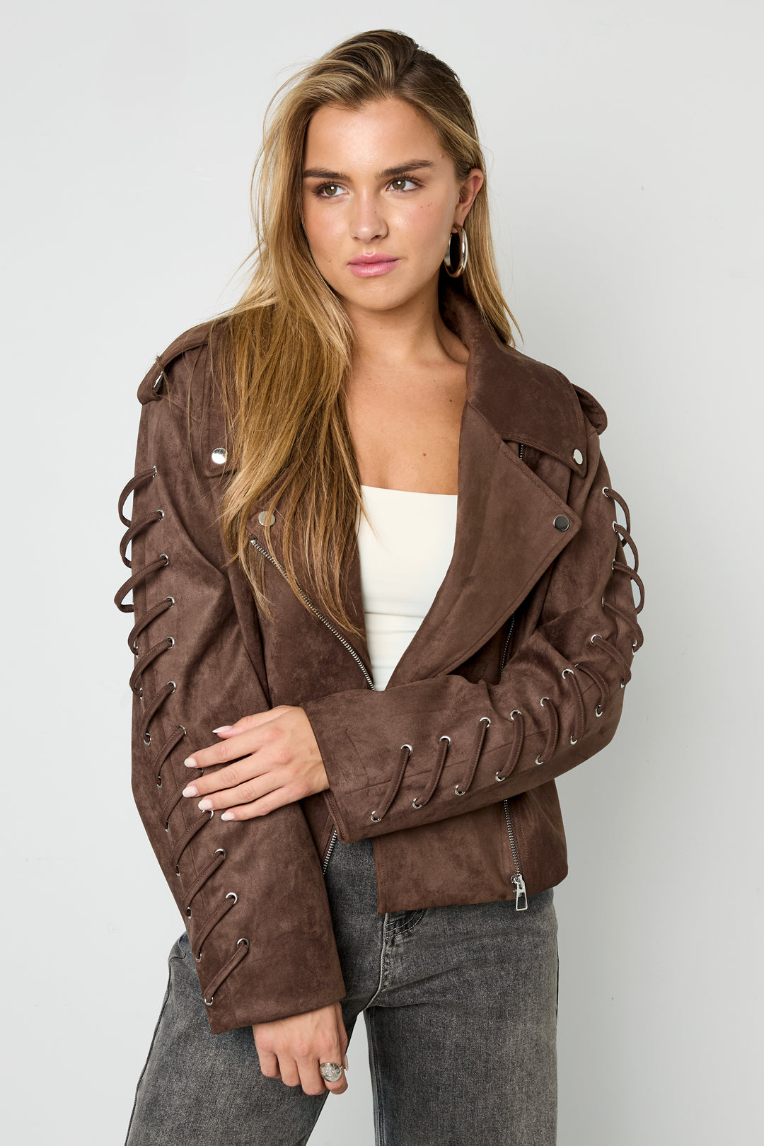 Damen Jacke Bindeband | Polyester | Kamel & Dunkelbraun