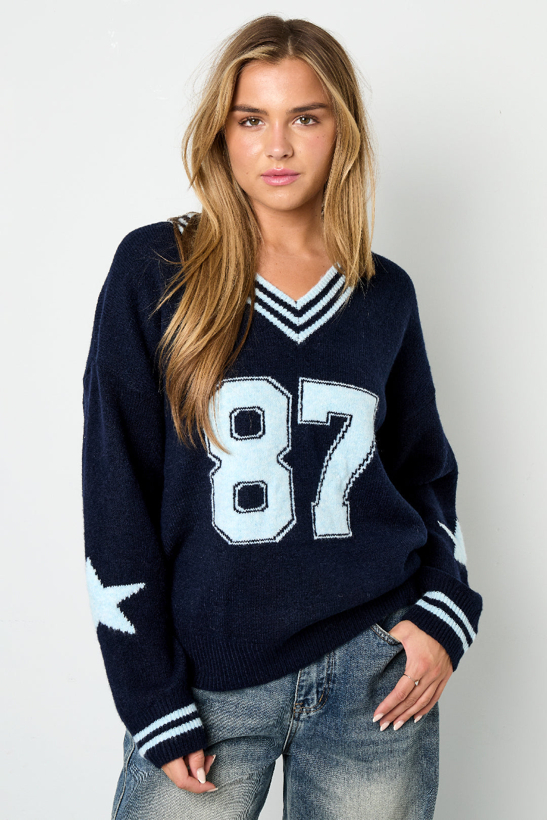 damen pullover v-ausschnitt farbmuster | polyester | mehrfarbig