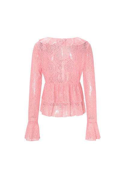 Damen Top Spitze Volant Langarm | Spitze | Mehrfarbig