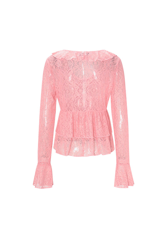 Damen Top Spitze Volant Langarm | Spitze | Mehrfarbig